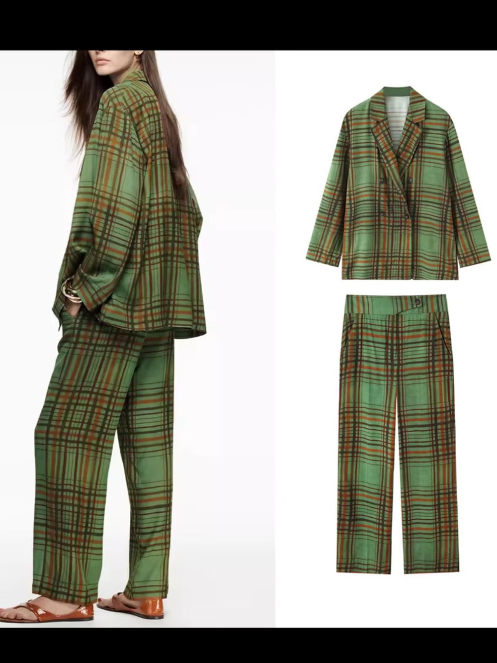 ZARA ZW COLLECTION PLAID CHECK TROUSERS IN GREEN - Picture 4 of 11